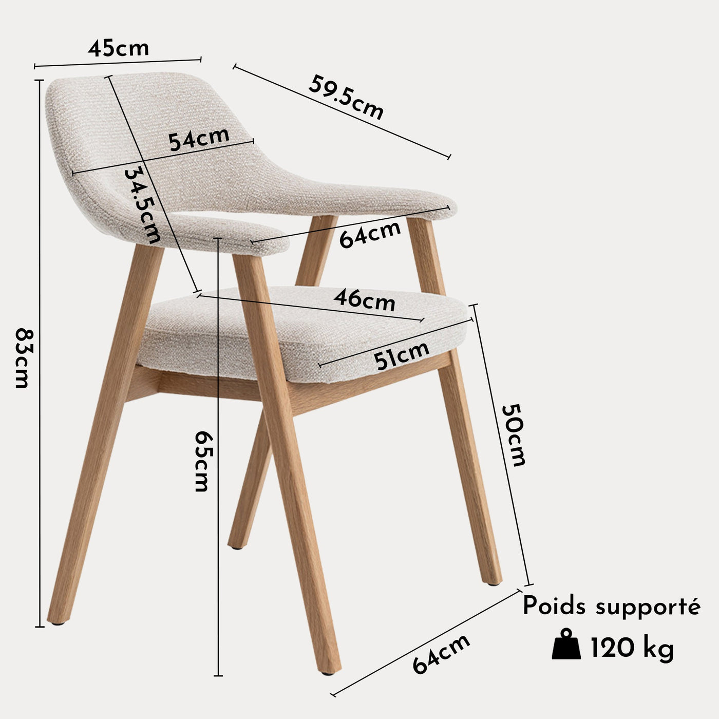 CORALIE Chaise de repas en tissu beige pieds chêne massif clair - Chaise de repas - Mobilier Deco