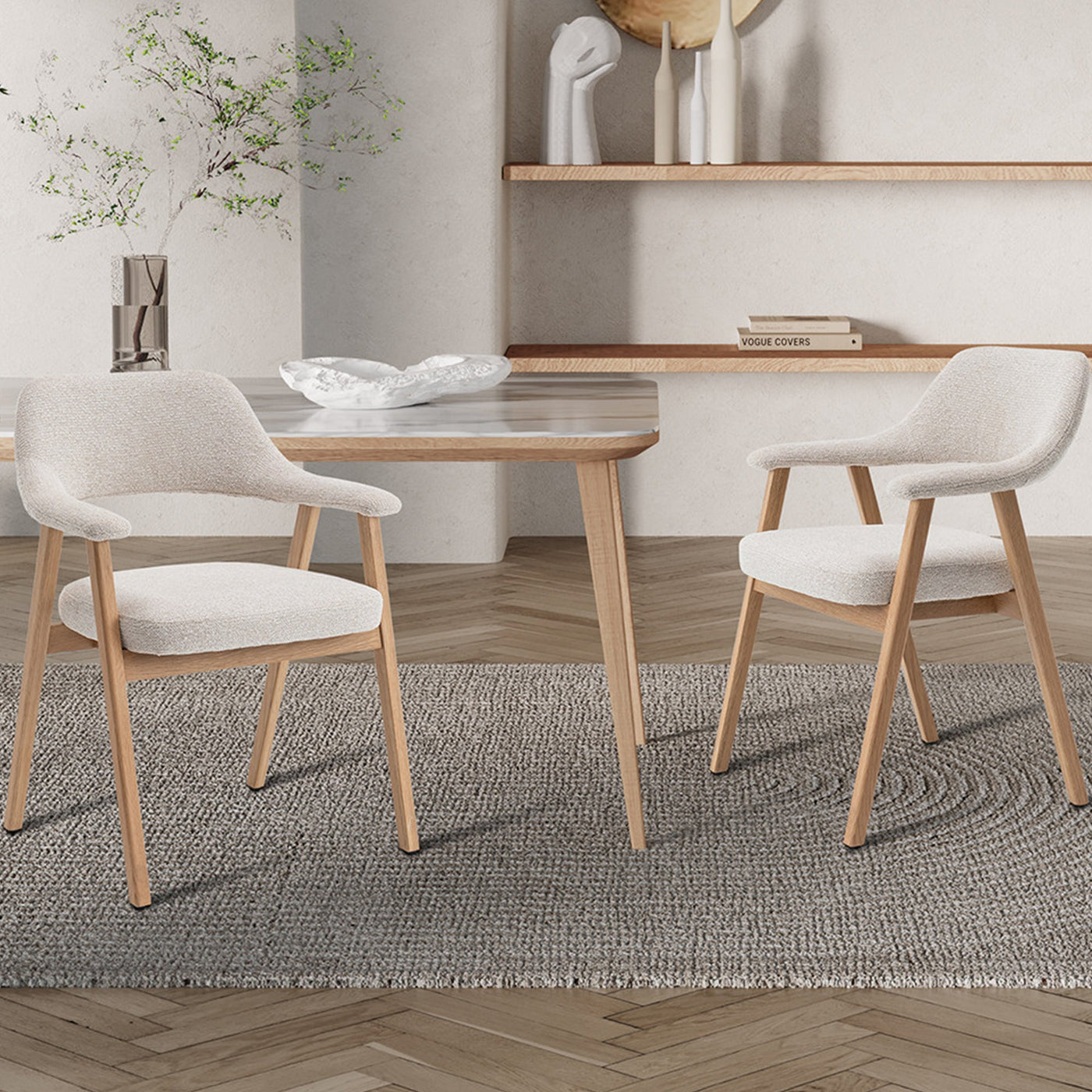 CORALIE Chaise de repas en tissu beige pieds chêne massif clair - Chaise de repas - Mobilier Deco