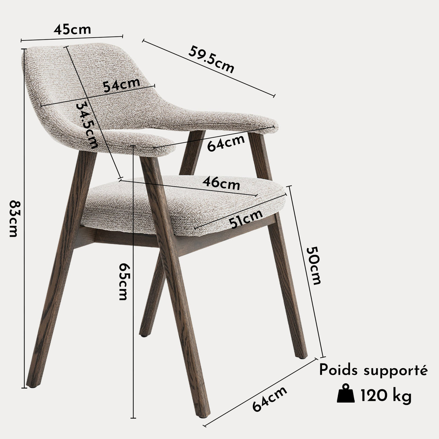 CORALIE Chaise en tissu beige pieds chêne massif foncé - Chaise de repas - Mobilier Deco