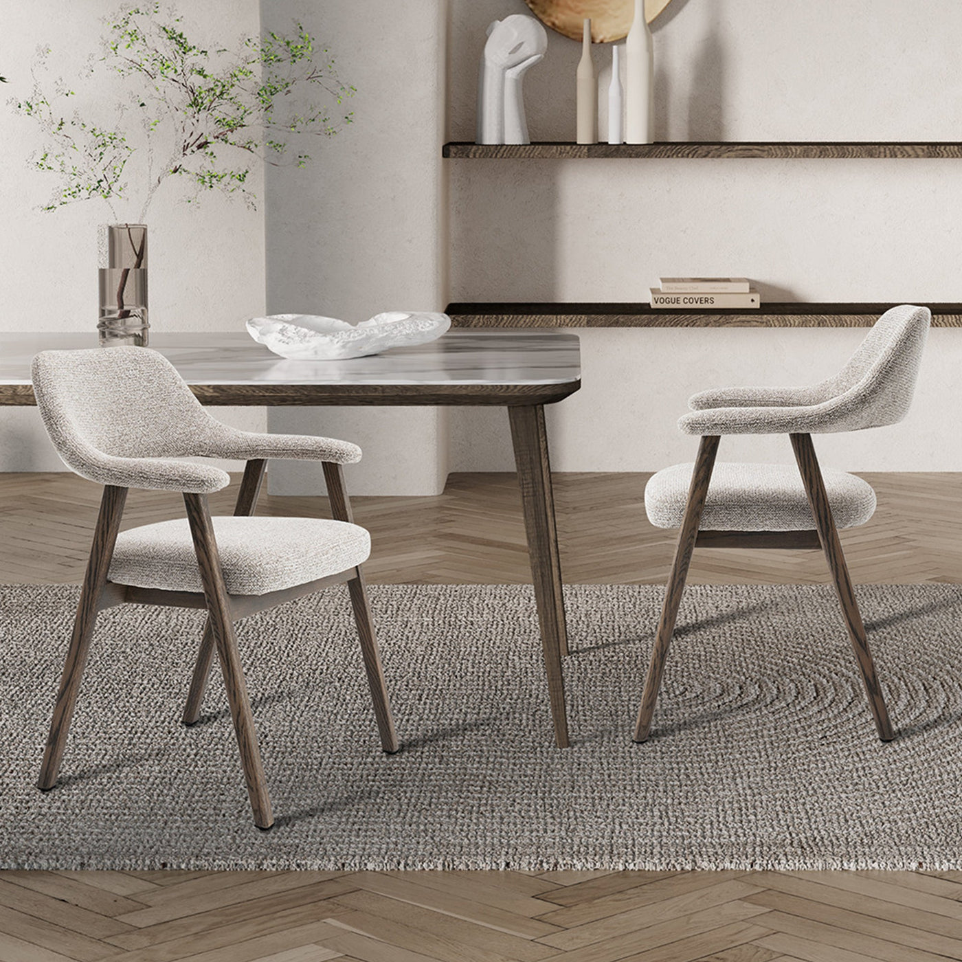 CORALIE Chaise en tissu beige pieds chêne massif foncé - Chaise de repas - Mobilier Deco