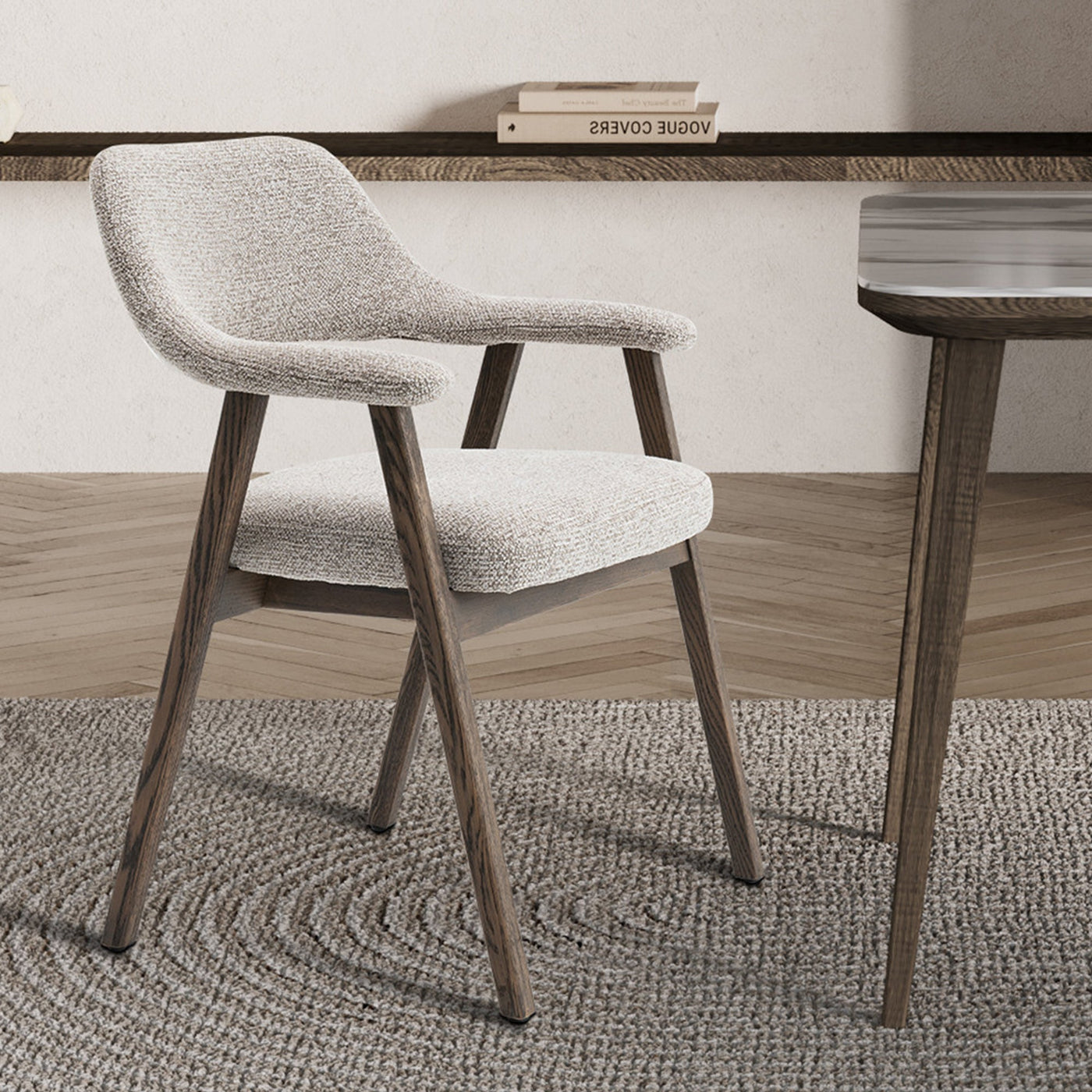 CORALIE Chaise en tissu beige pieds chêne massif foncé - Chaise de repas - Mobilier Deco