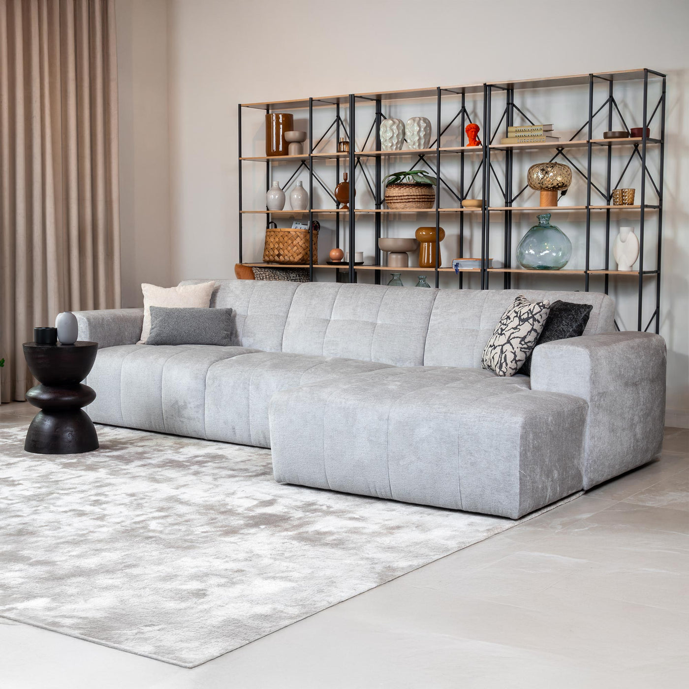 CYNDA Canapé d'angle en tissu capitonné gris - Angle droit - Canapés d'angle - Mobilier Deco