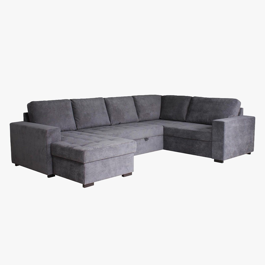 CYRUS Canapé panoramique convertible avec coffre en tissu gris - Angle gauche - Canapés panoramiques - Mobilier Deco
