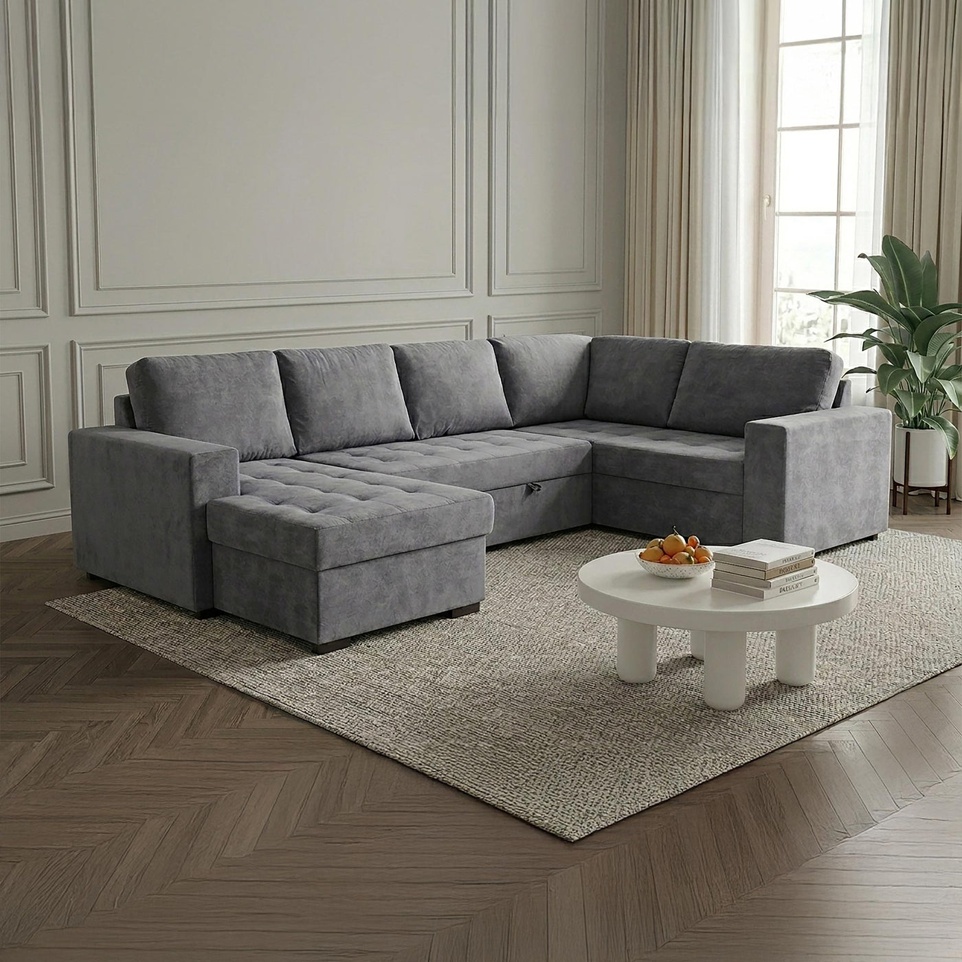 CYRUS Canapé panoramique convertible avec coffre en tissu gris - Angle gauche - Canapés panoramiques - Mobilier Deco