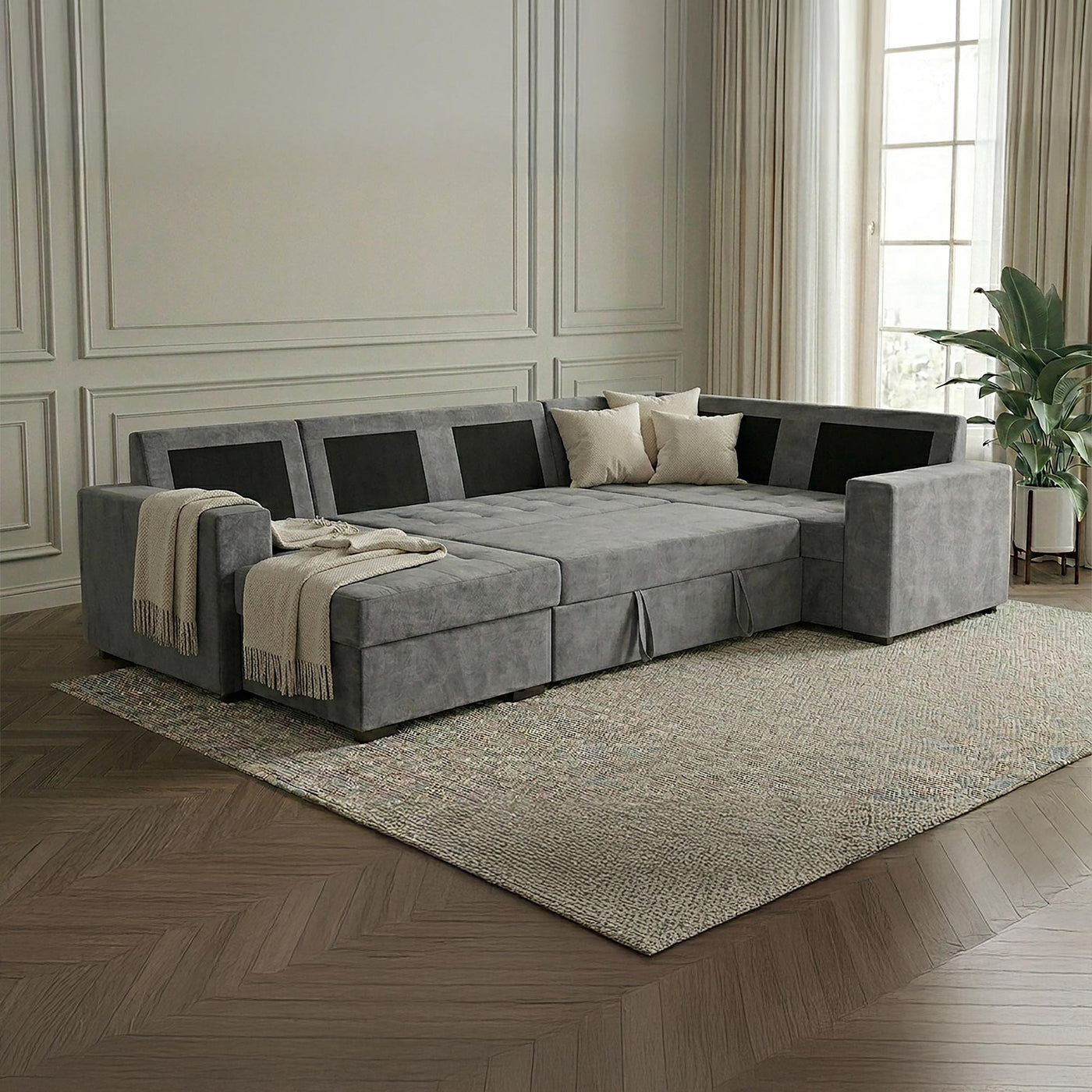 CYRUS Canapé panoramique convertible avec coffre en tissu gris - Angle gauche - Canapés panoramiques - Mobilier Deco