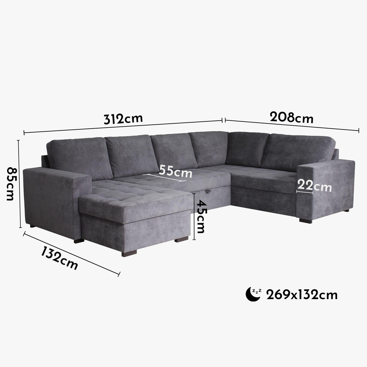 CYRUS Canapé panoramique convertible avec coffre en tissu gris - Angle gauche - Canapés panoramiques - Mobilier Deco