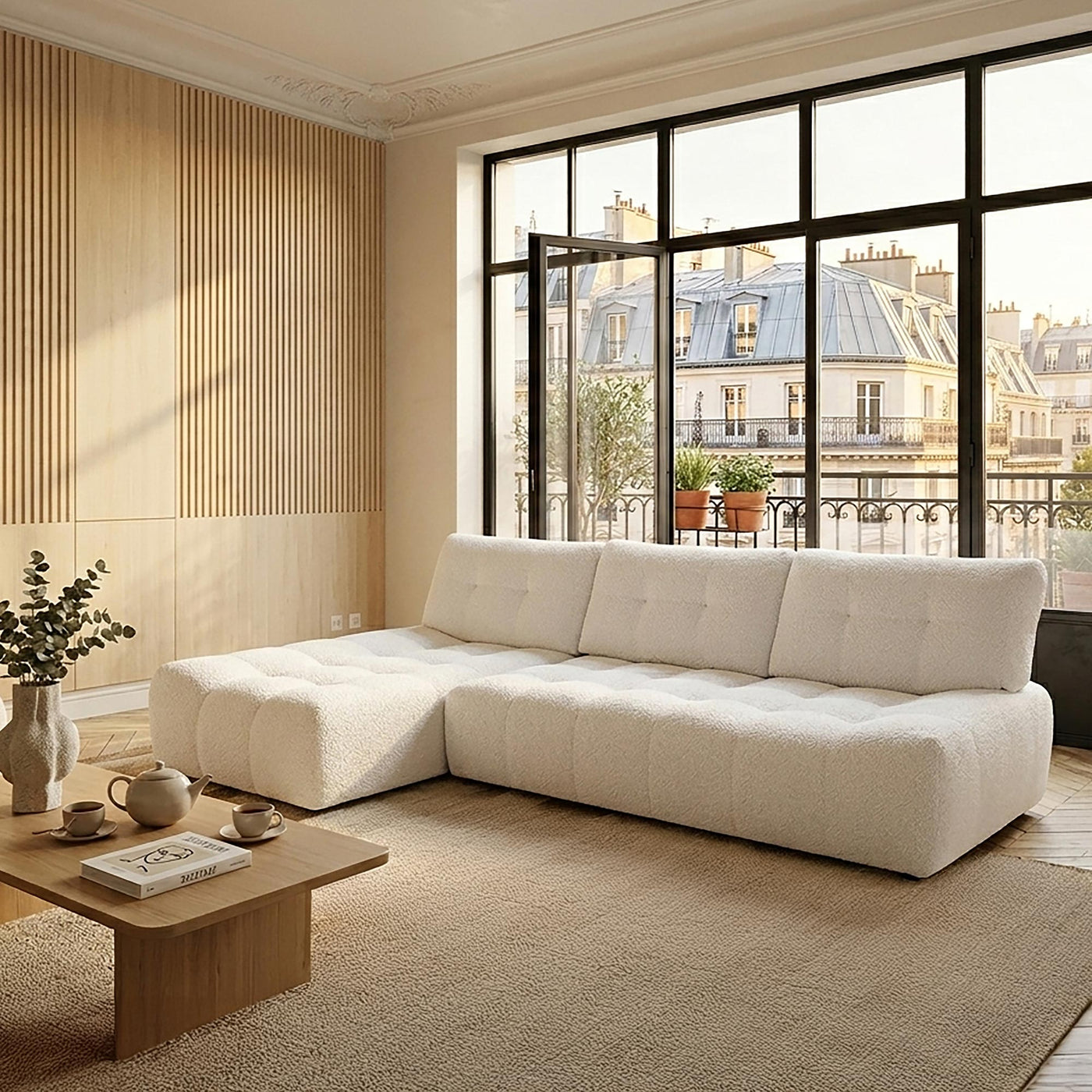 DALIA Canapé d'angle avec dossier amovible en tissu blanc écru - Angle gauche - Canapés d'angle - Mobilier Deco