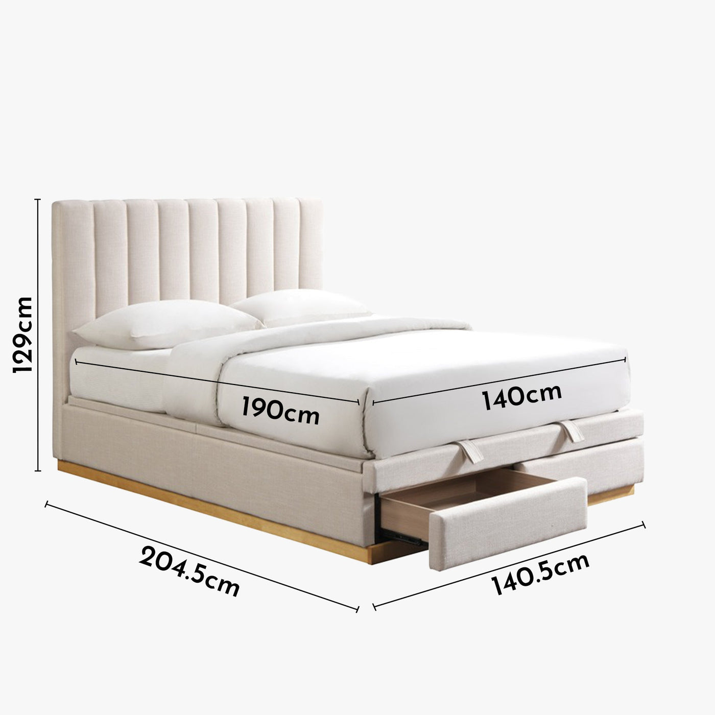 DANIEL Lit double en tissu beige avec coffre et 2 tiroirs 140x190 cm - Lits - Mobilier Deco