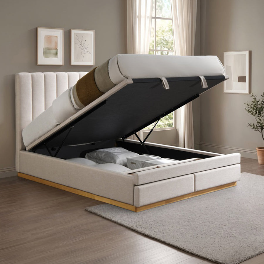 DANIEL Lit double en tissu beige avec coffre et 2 tiroirs 140x190 cm — aperçu vidéo