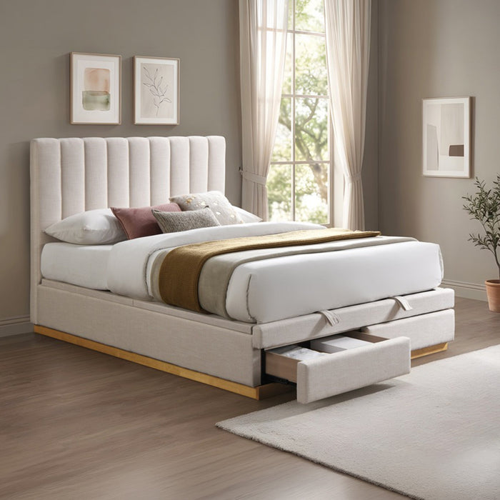DANIEL Lit double en tissu beige avec coffre et 2 tiroirs 160x200 cm
