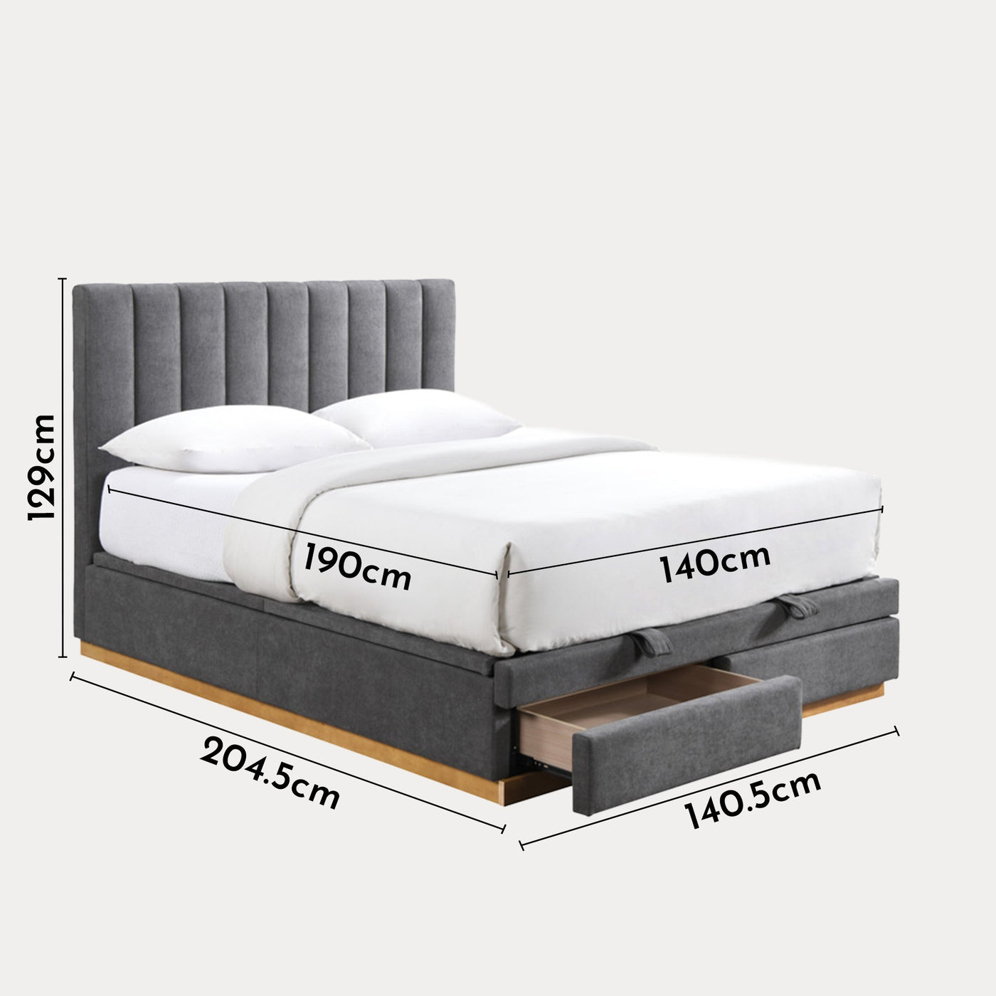 DANIEL Lit double en tissu gris anthracite avec coffre et tiroir 140x190 cm - Lits - Mobilier Deco