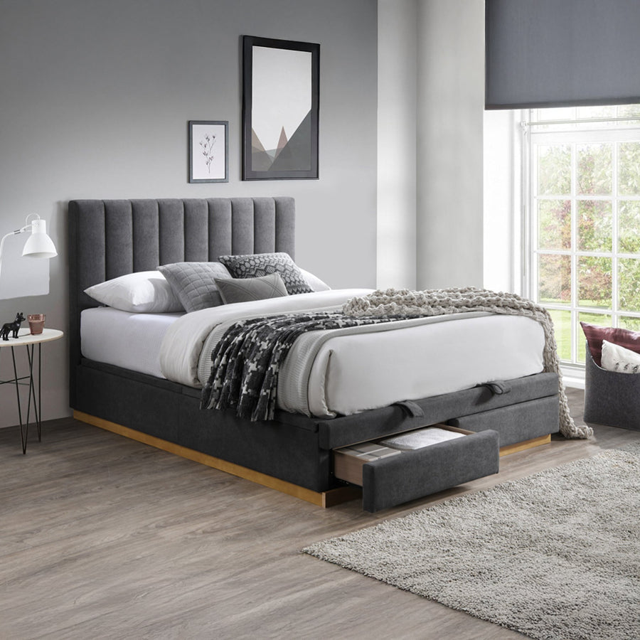 DANIEL Lit double en tissu gris anthracite avec coffre et tiroir 140x190 cm — aperçu vidéo