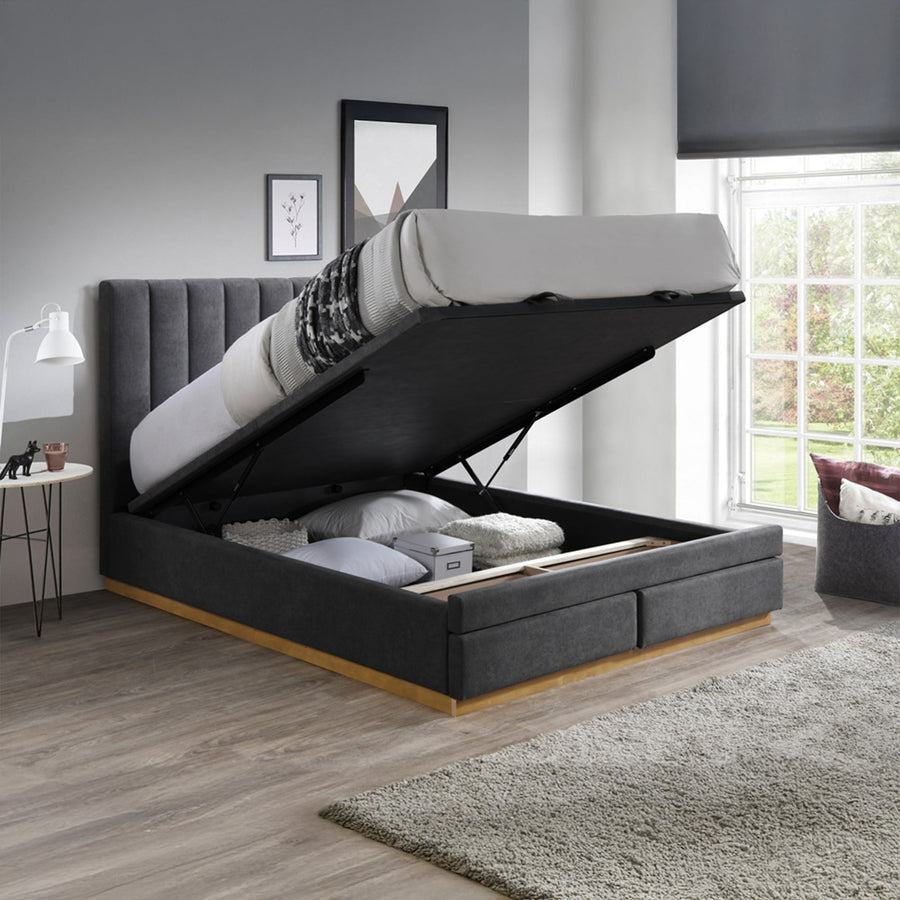 DANIEL Lit double en tissu gris anthracite avec coffre et tiroir 160x200 cm — aperçu vidéo