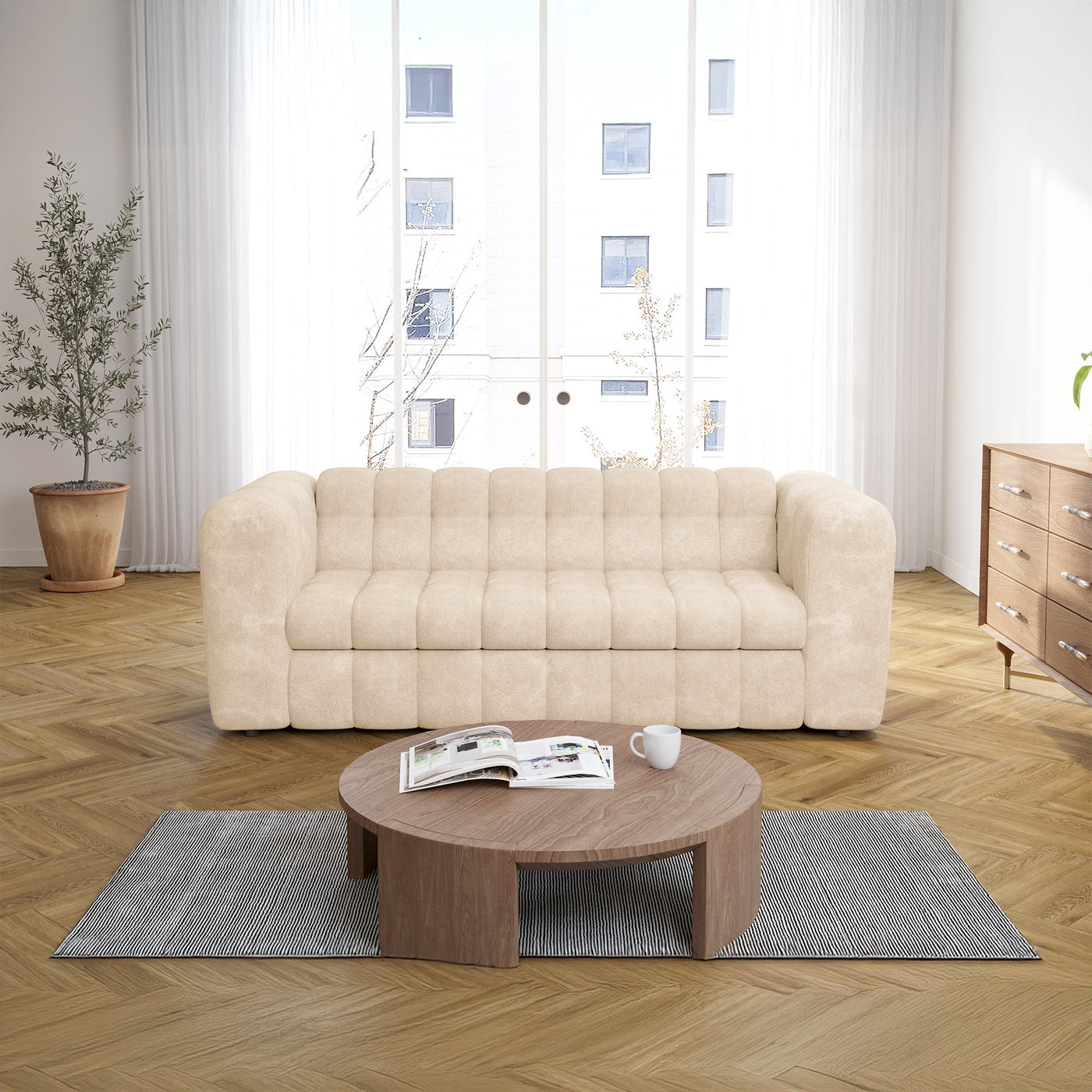 DARIA Canapé 3 places convertible en tissu matelassé beige matelas 14 cm - Canapés convertibles - Mobilier Deco