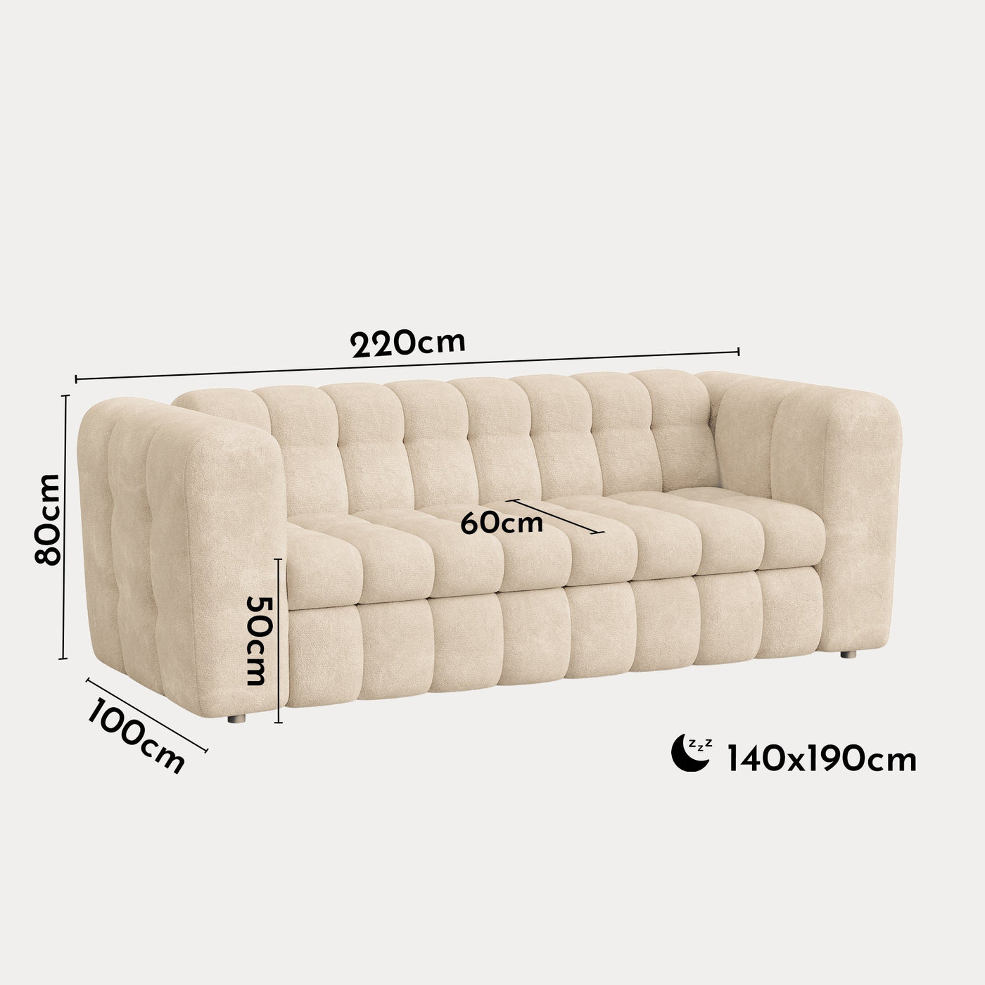 DARIA Canapé 3 places convertible en tissu matelassé beige matelas 14 cm - Canapés convertibles - Mobilier Deco