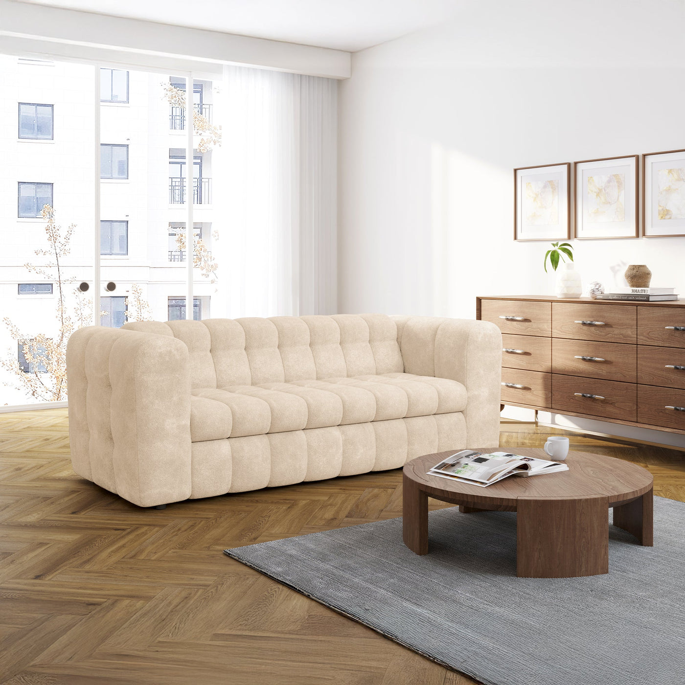 DARIA Canapé 3 places convertible en tissu matelassé beige matelas 14 cm - Canapés convertibles - Mobilier Deco