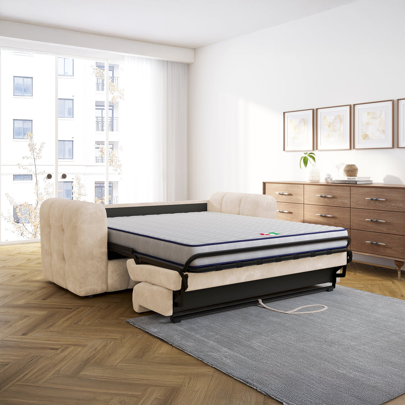 DARIA Canapé 3 places convertible en tissu matelassé beige matelas 14 cm - Canapés convertibles - Mobilier Deco