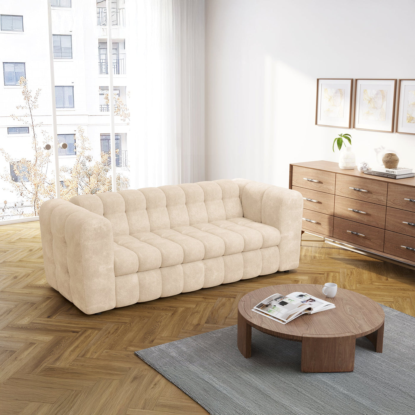 DARIA Canapé 3 places convertible en tissu matelassé beige matelas 14 cm - Canapés convertibles - Mobilier Deco