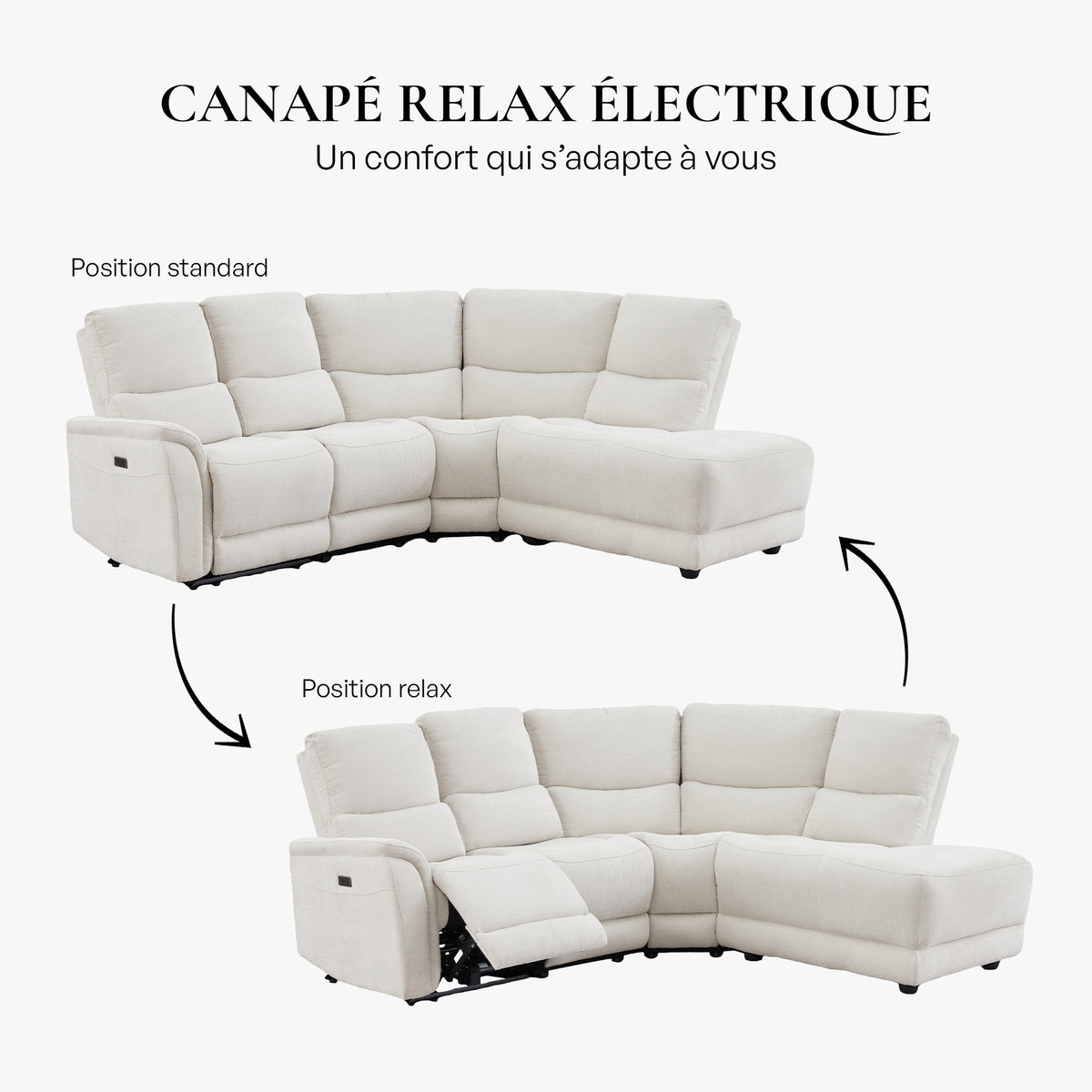 DAVY Canapé d'angle relax électrique en tissu blanc écru - Angle droit - Canapé relax - Mobilier Deco
