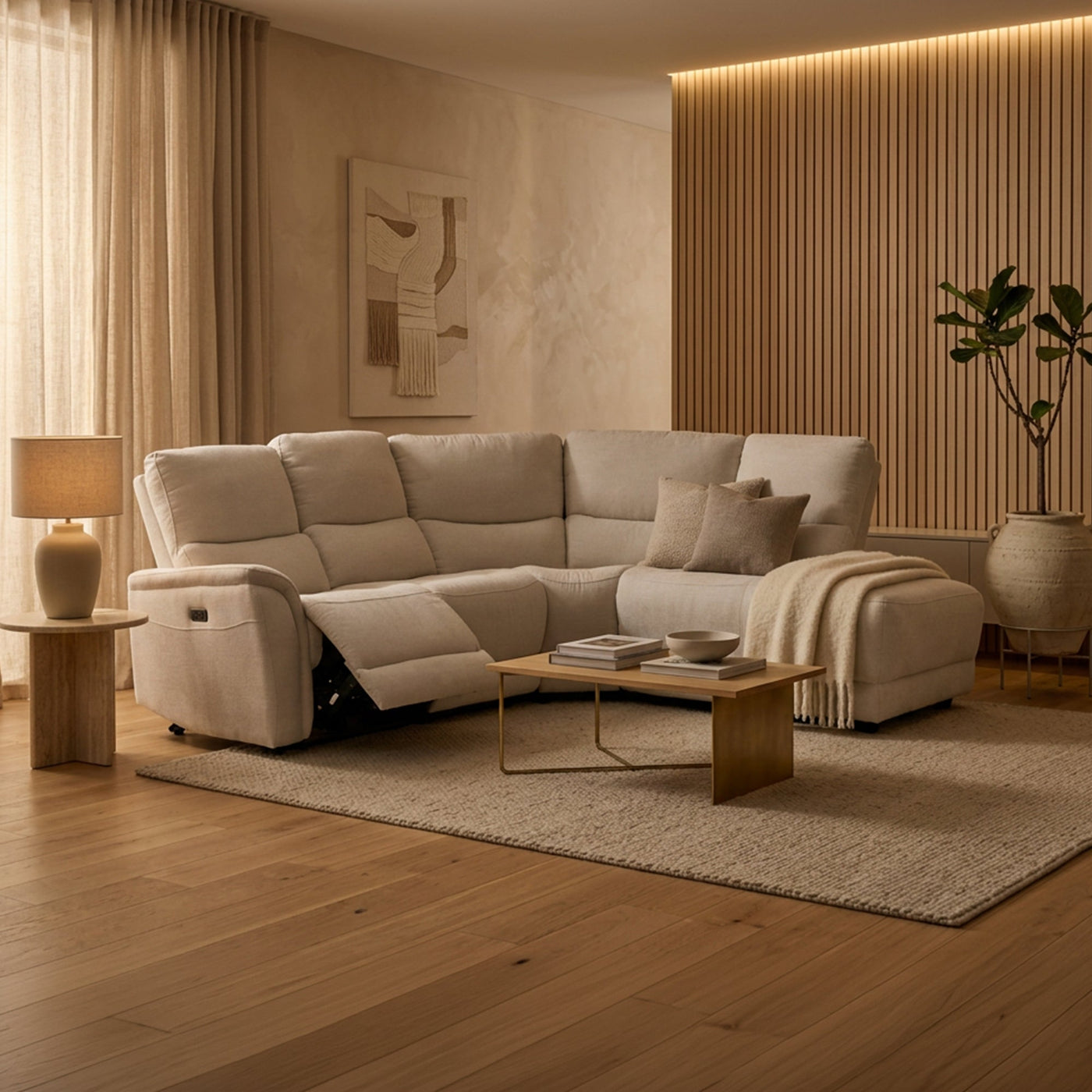 DAVY Canapé d'angle relax électrique en tissu blanc écru - Angle droit - Canapé relax - Mobilier Deco