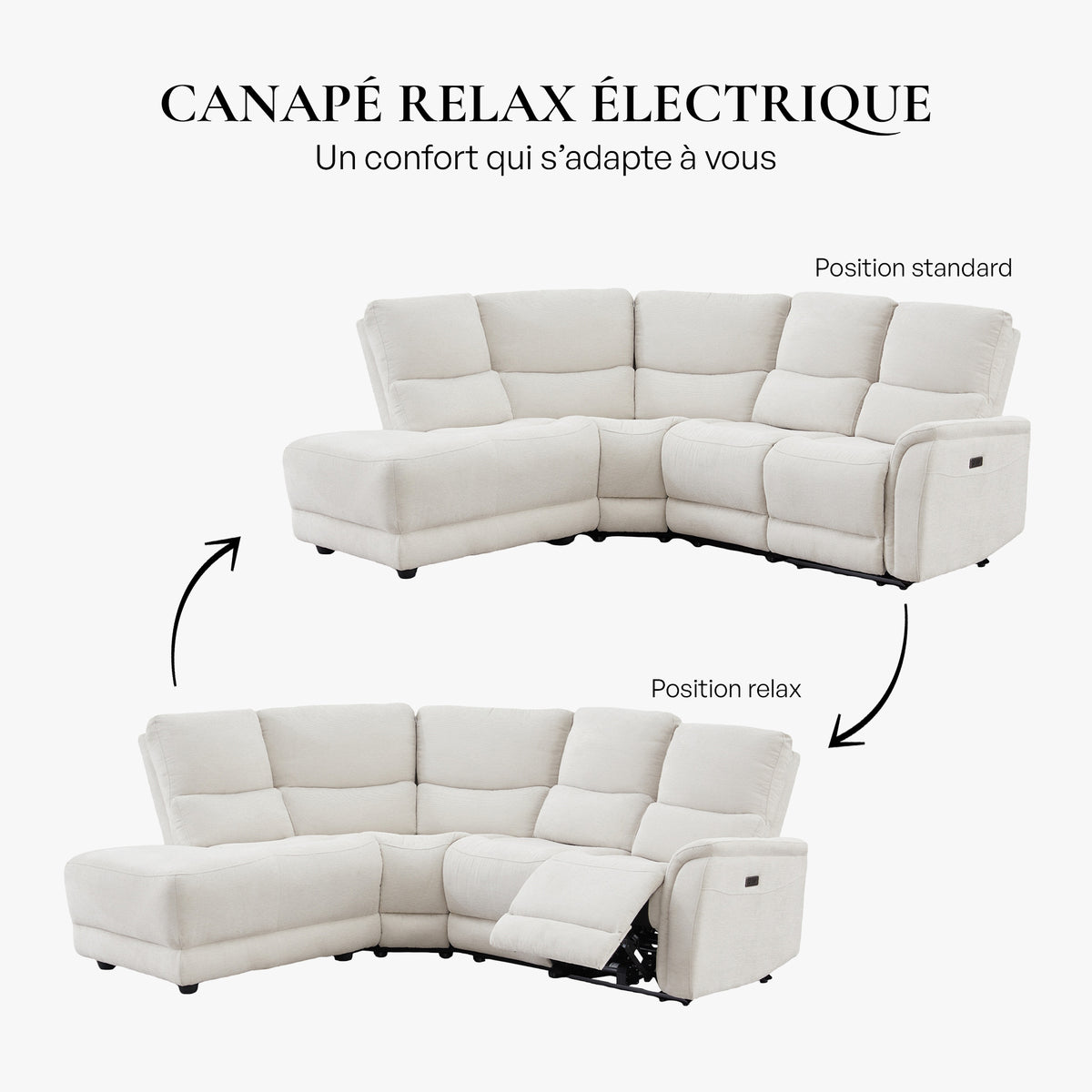 DAVY Canapé d'angle relax électrique en tissu blanc écru - Angle gauche - Canapé relax - Mobilier Deco