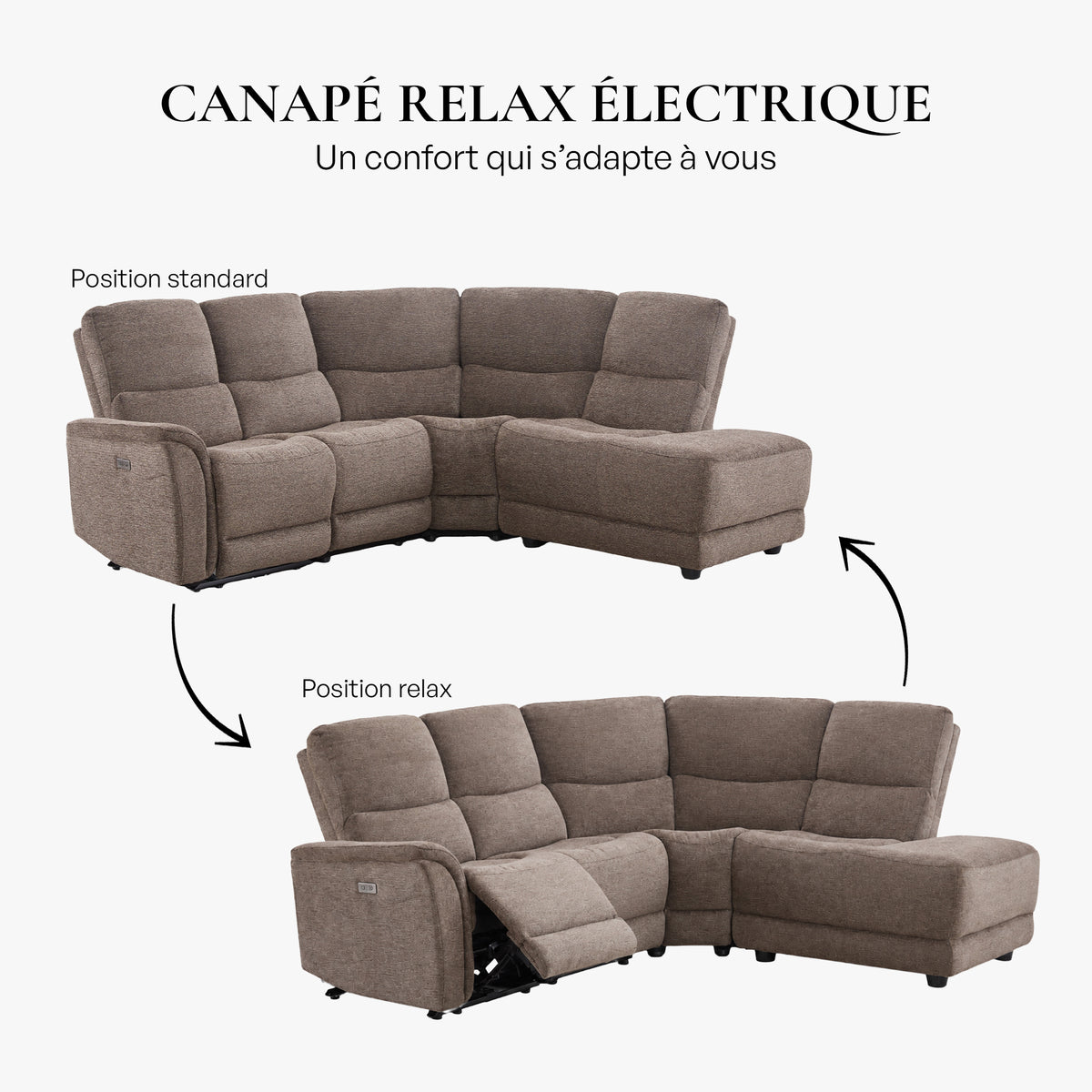 DAVY Canapé d'angle relax électrique en tissu marron - Angle droit - Canapé relax - Mobilier Deco