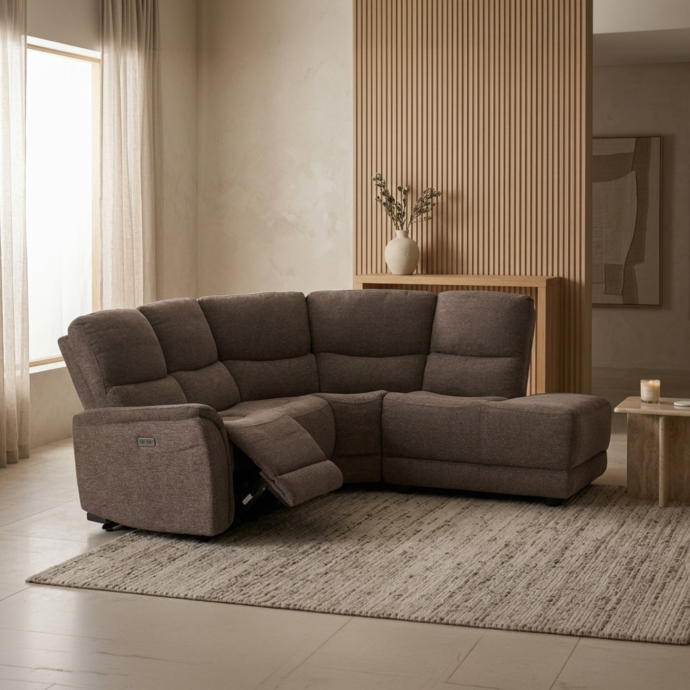 DAVY Canapé d'angle relax électrique en tissu marron - Angle droit - Canapé relax - Mobilier Deco