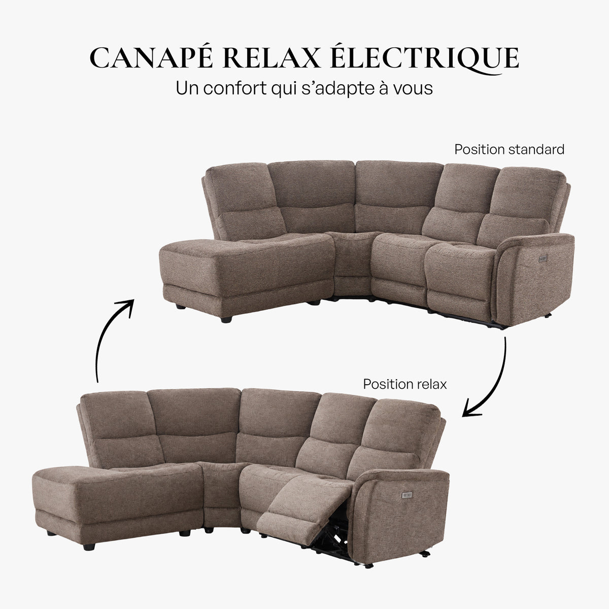 DAVY Canapé d'angle relax électrique en tissu marron - Angle gauche - Canapé relax - Mobilier Deco