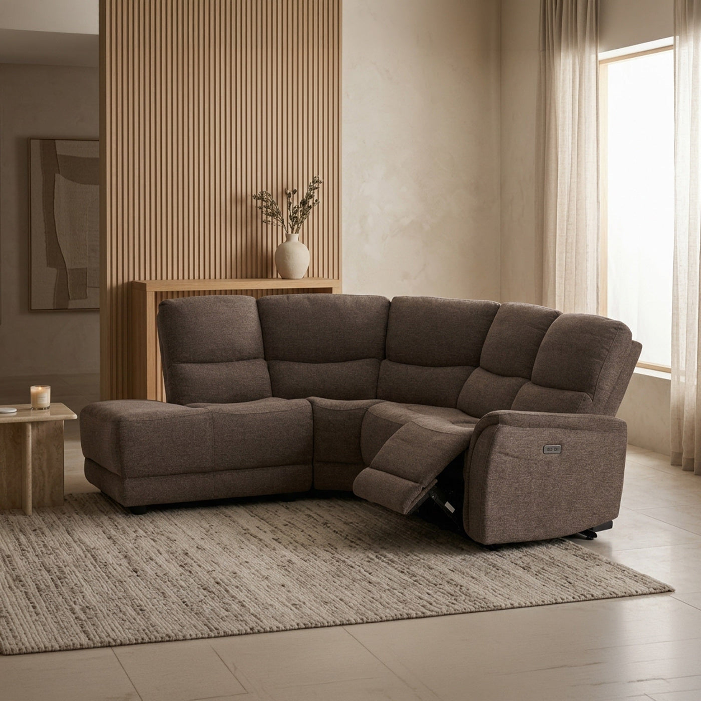 DAVY Canapé d'angle relax électrique en tissu marron - Angle gauche - Canapé relax - Mobilier Deco