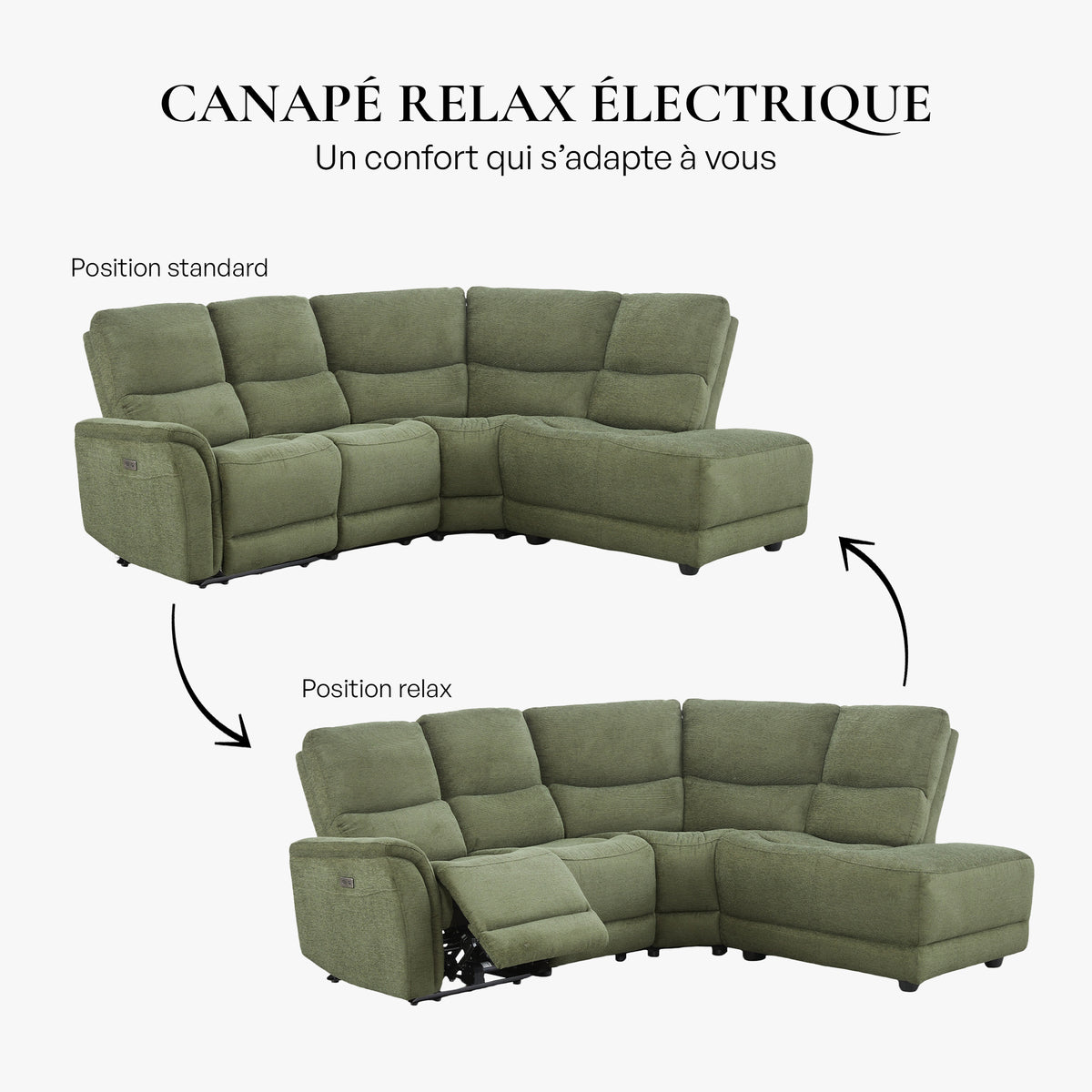 DAVY Canapé d'angle relax électrique en tissu vert - Angle droit - Canapé relax - Mobilier Deco