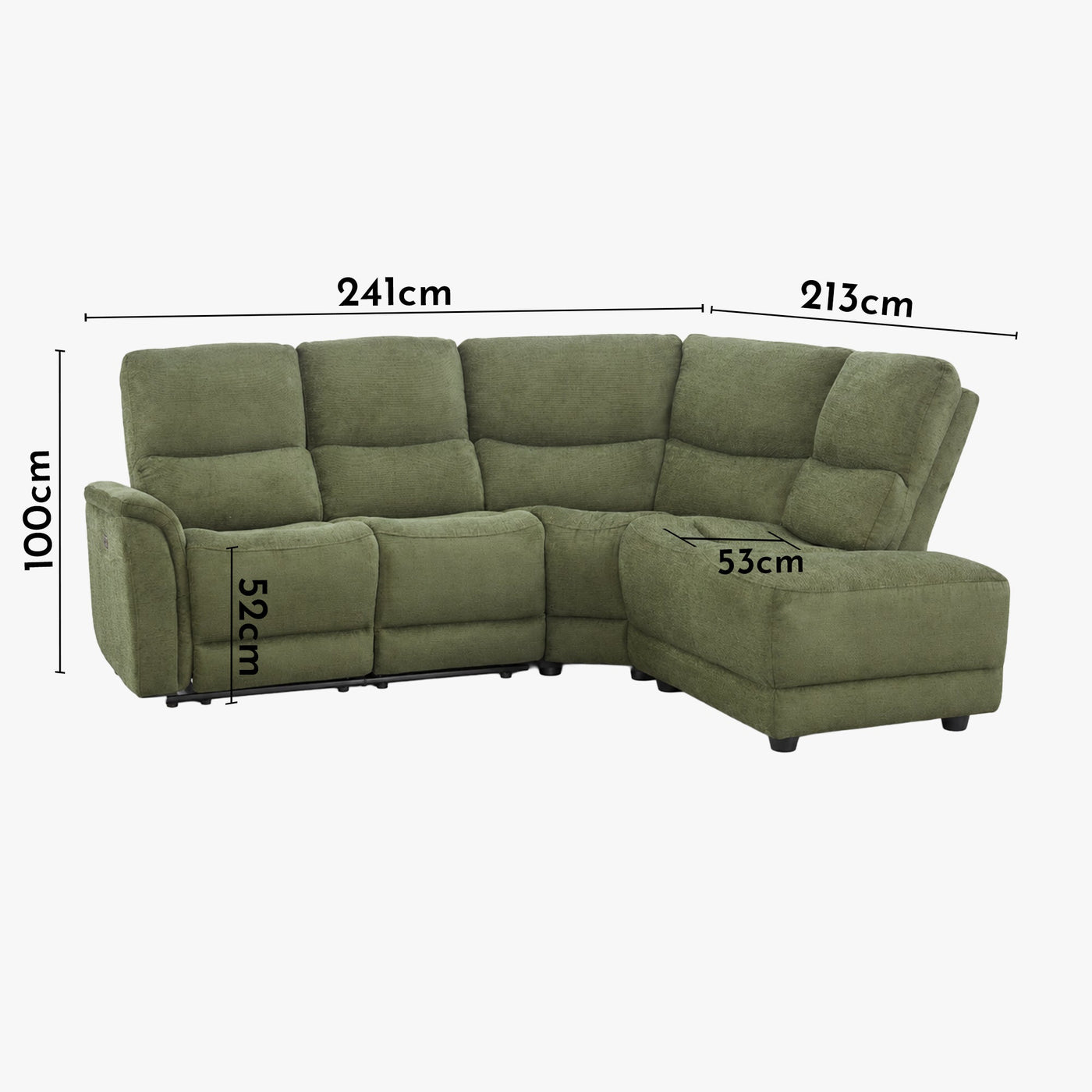 DAVY Canapé d'angle relax électrique en tissu vert - Angle droit - Canapé relax - Mobilier Deco