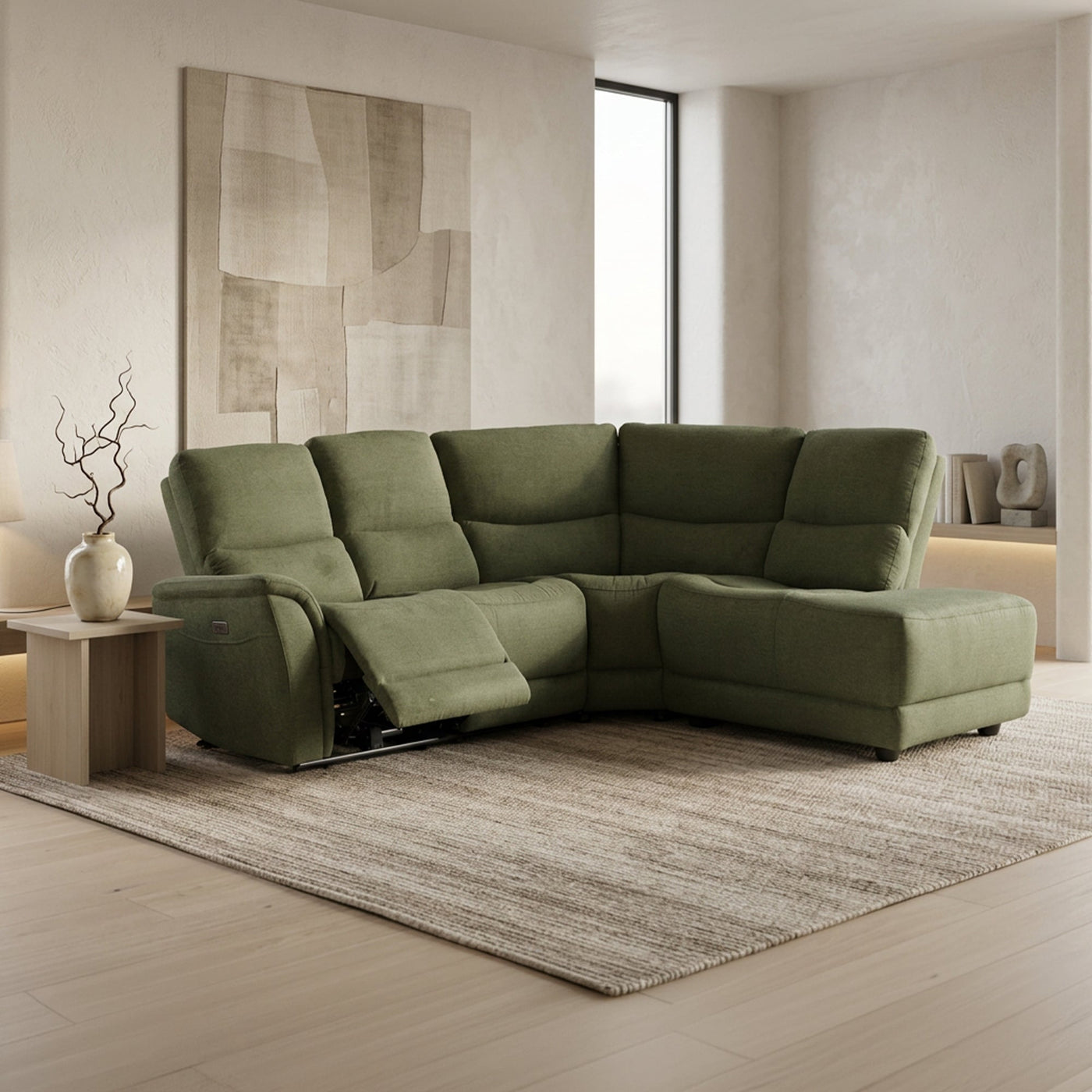 DAVY Canapé d'angle relax électrique en tissu vert - Angle droit - Canapé relax - Mobilier Deco