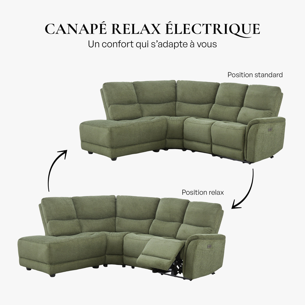 DAVY Canapé d'angle relax électrique en tissu vert - Angle gauche - Canapé relax - Mobilier Deco