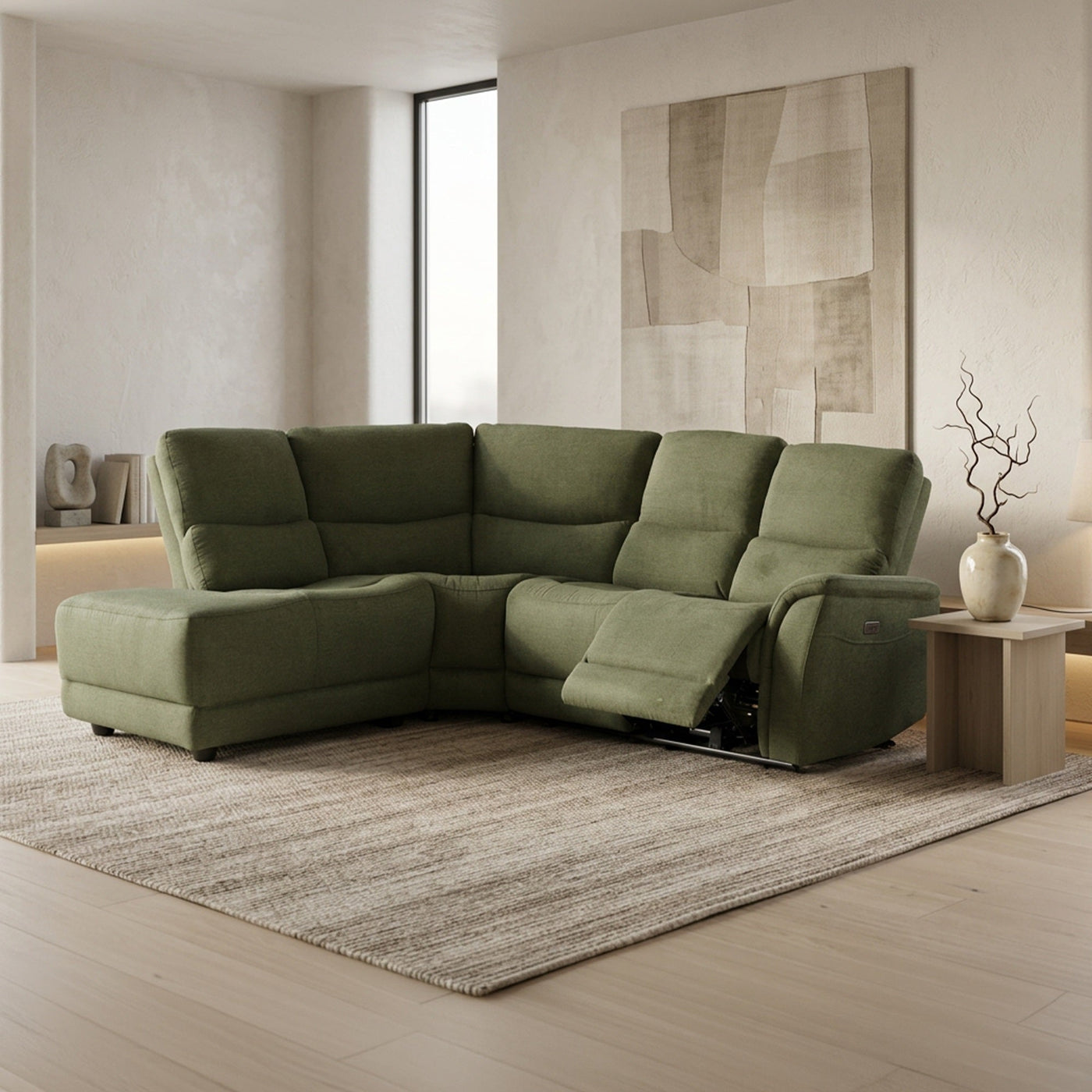 DAVY Canapé d'angle relax électrique en tissu vert - Angle gauche - Canapé relax - Mobilier Deco