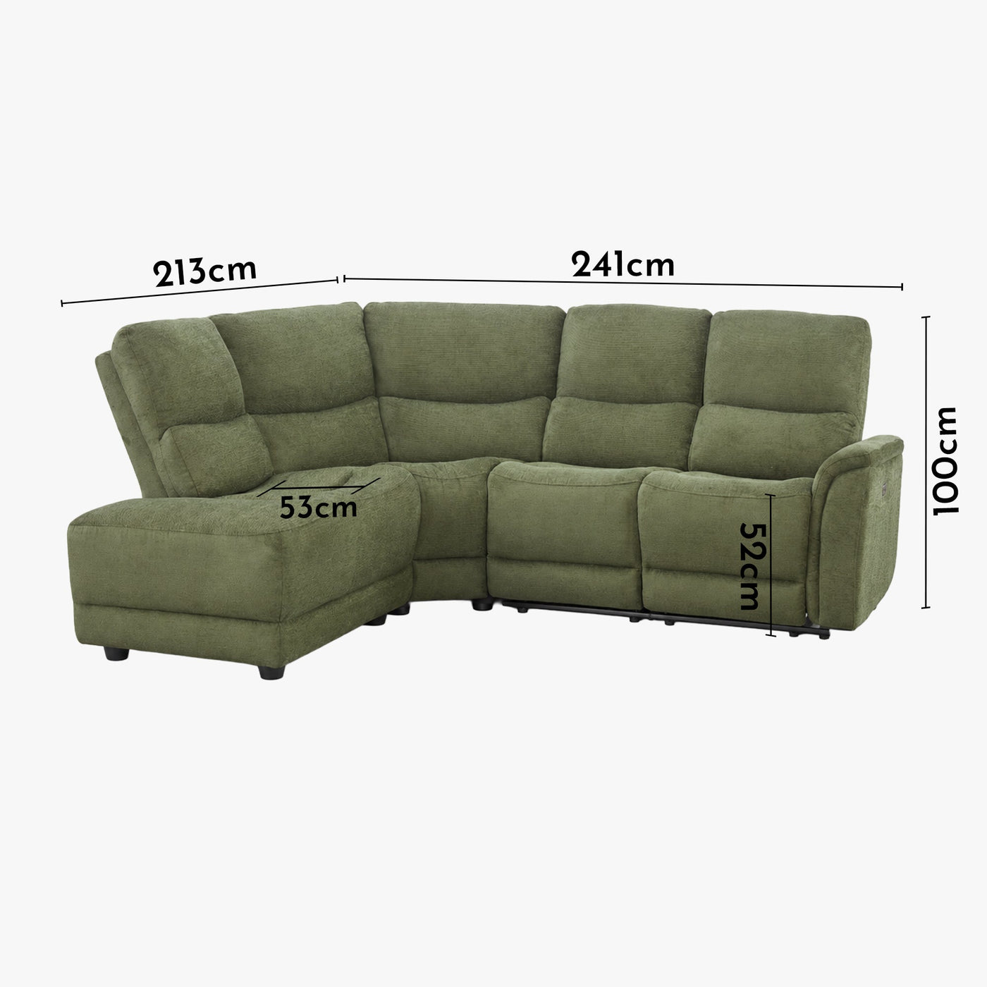 DAVY Canapé d'angle relax électrique en tissu vert - Angle gauche - Canapé relax - Mobilier Deco