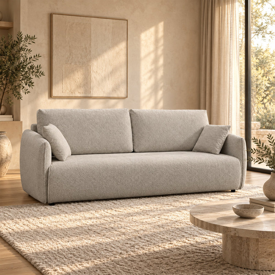 DAYLA Canapé 3 places convertible avec coffre en tissu beige — aperçu vidéo