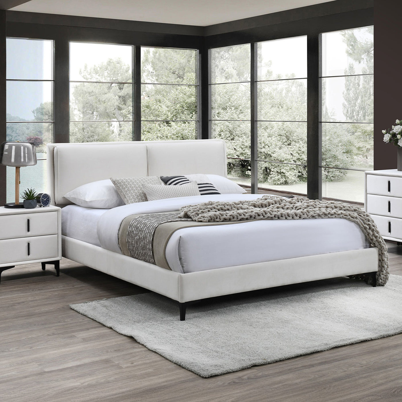 DAYNA Lit double en velours écru 140x190 cm - Lits - Mobilier Deco