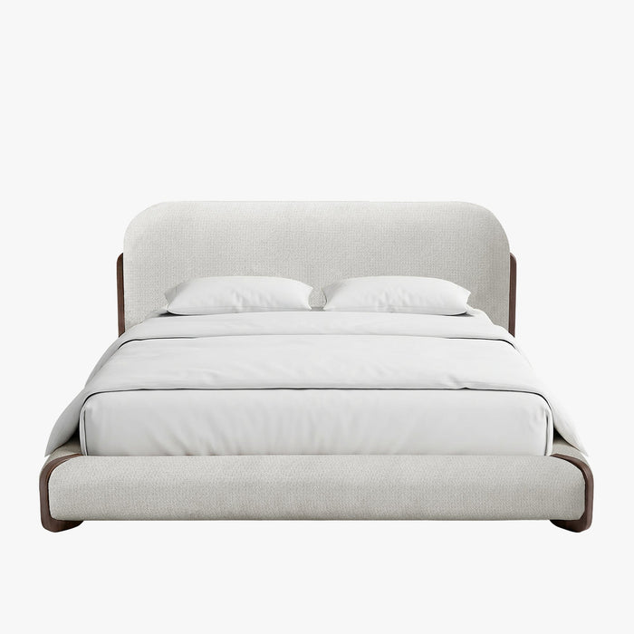 DELYA Lit double en tissu beige et bois foncé 140x190 cm