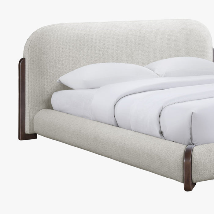 DELYA Lit double en tissu beige et bois foncé 160x200 cm