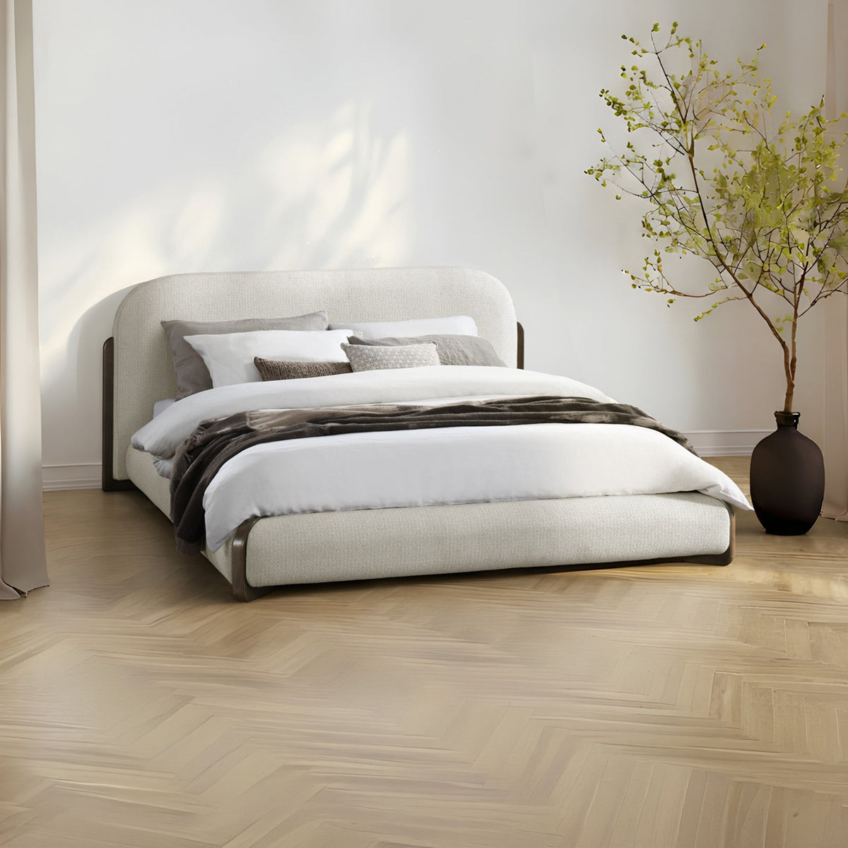 DELYA Lit double en tissu beige et bois foncé 160x200 cm - Lits - Mobilier Deco