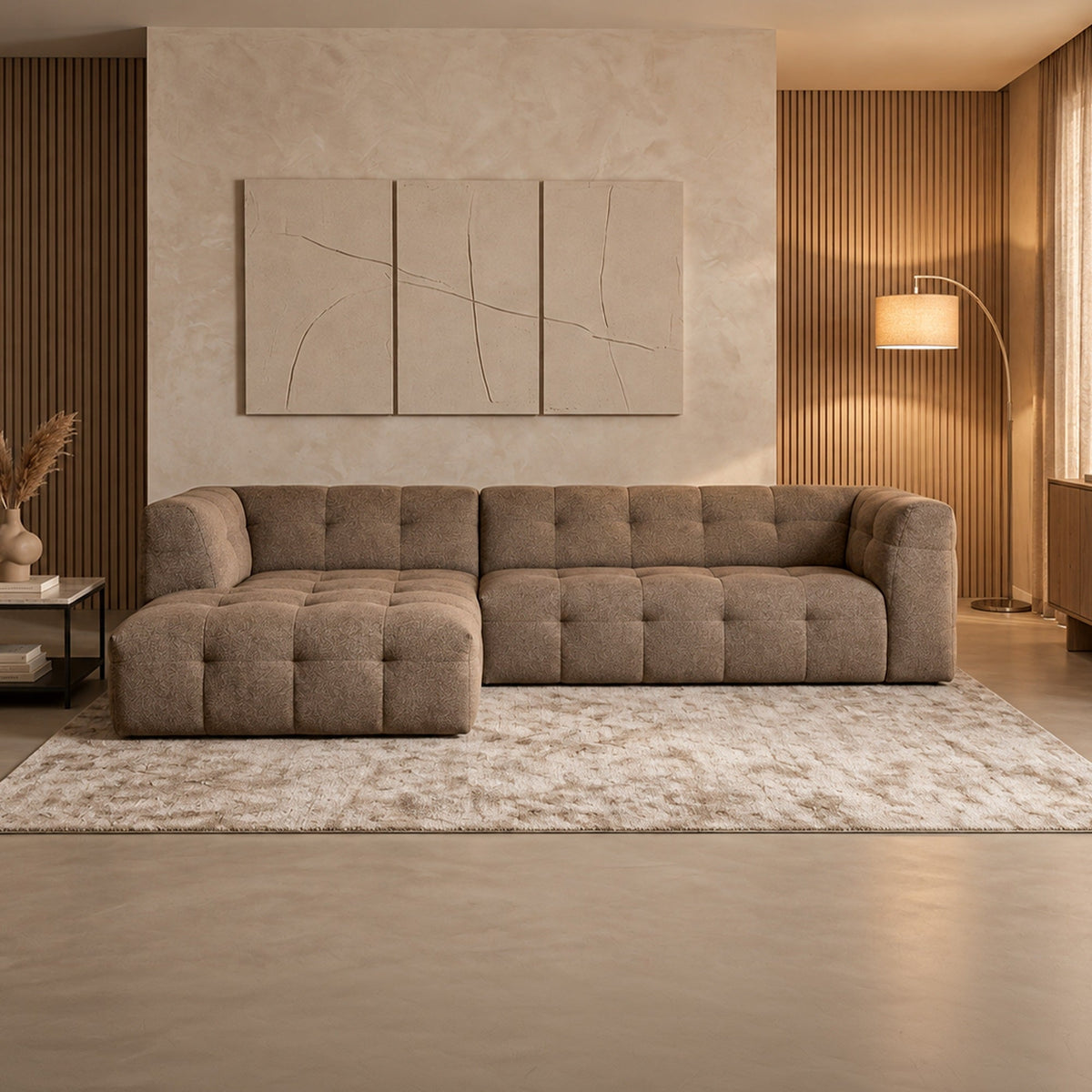 DEYNA Canapé d’angle en tissu capitonné taupe - Angle gauche - Canapés d'angle - Mobilier Deco