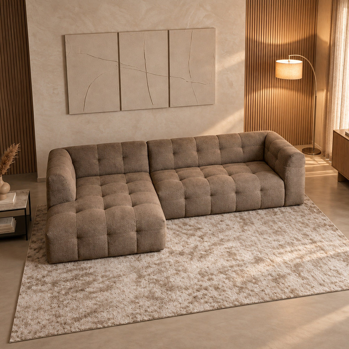 DEYNA Canapé d’angle en tissu capitonné taupe - Angle gauche - Canapés d'angle - Mobilier Deco
