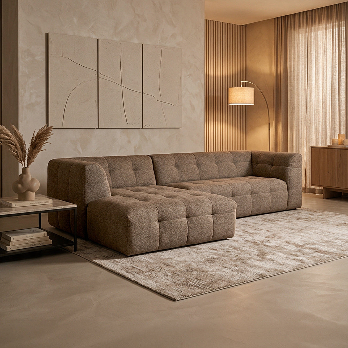 DEYNA Canapé d’angle en tissu capitonné taupe - Angle gauche - Canapés d'angle - Mobilier Deco