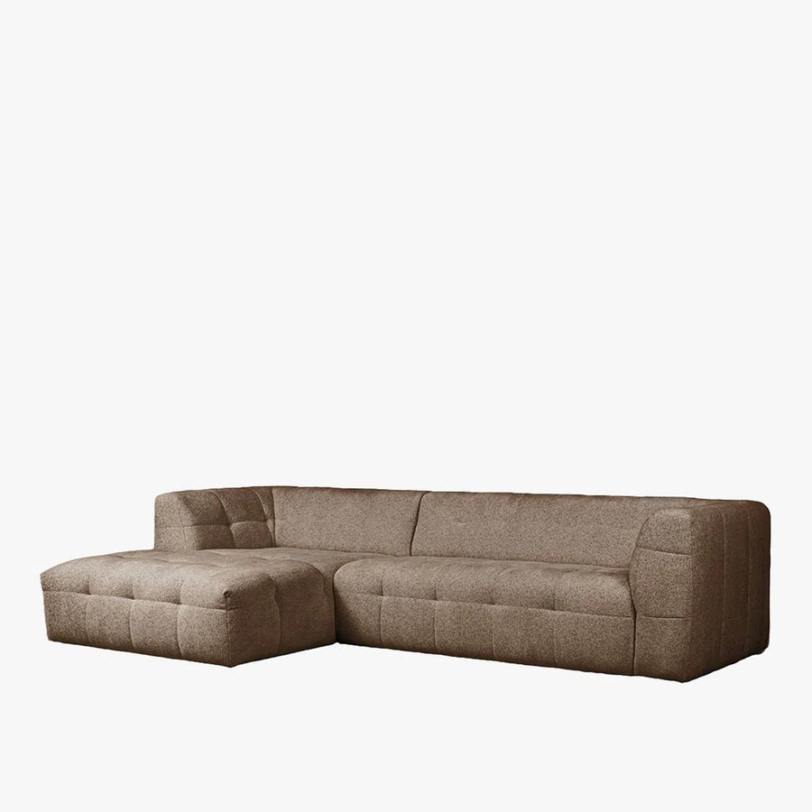 DEYNA Canapé d’angle en tissu capitonné taupe - Angle gauche — aperçu vidéo