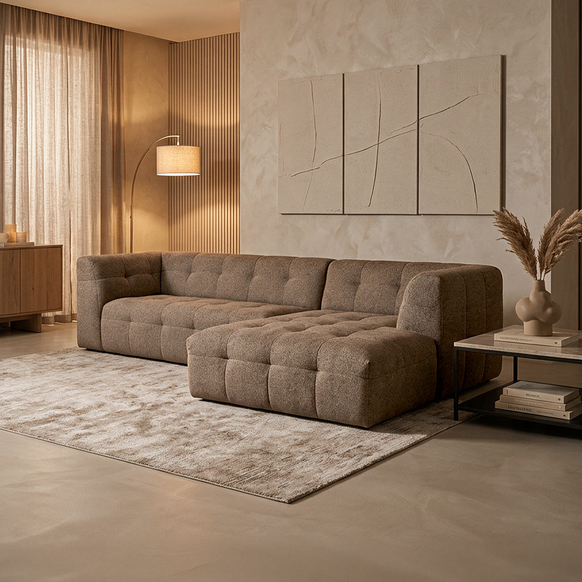 DEYNA Canapé d’angle en tissu capitonné taupe - Angle droit - Canapés d'angle - Mobilier Deco