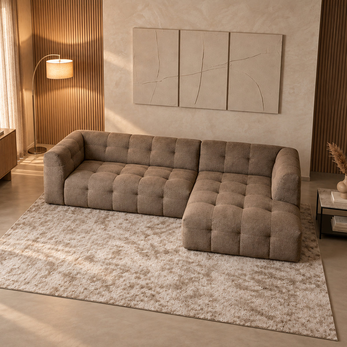 DEYNA Canapé d’angle en tissu capitonné taupe - Angle droit - Canapés d'angle - Mobilier Deco