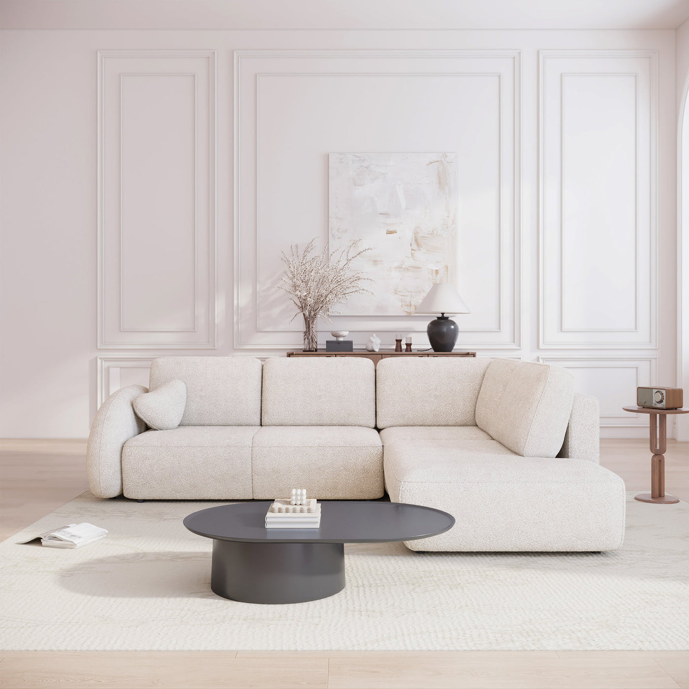 DJENA Canapé d'angle convertible avec coffre en tissu bouclette beige - Angle droit - Canapé d'angle convertible