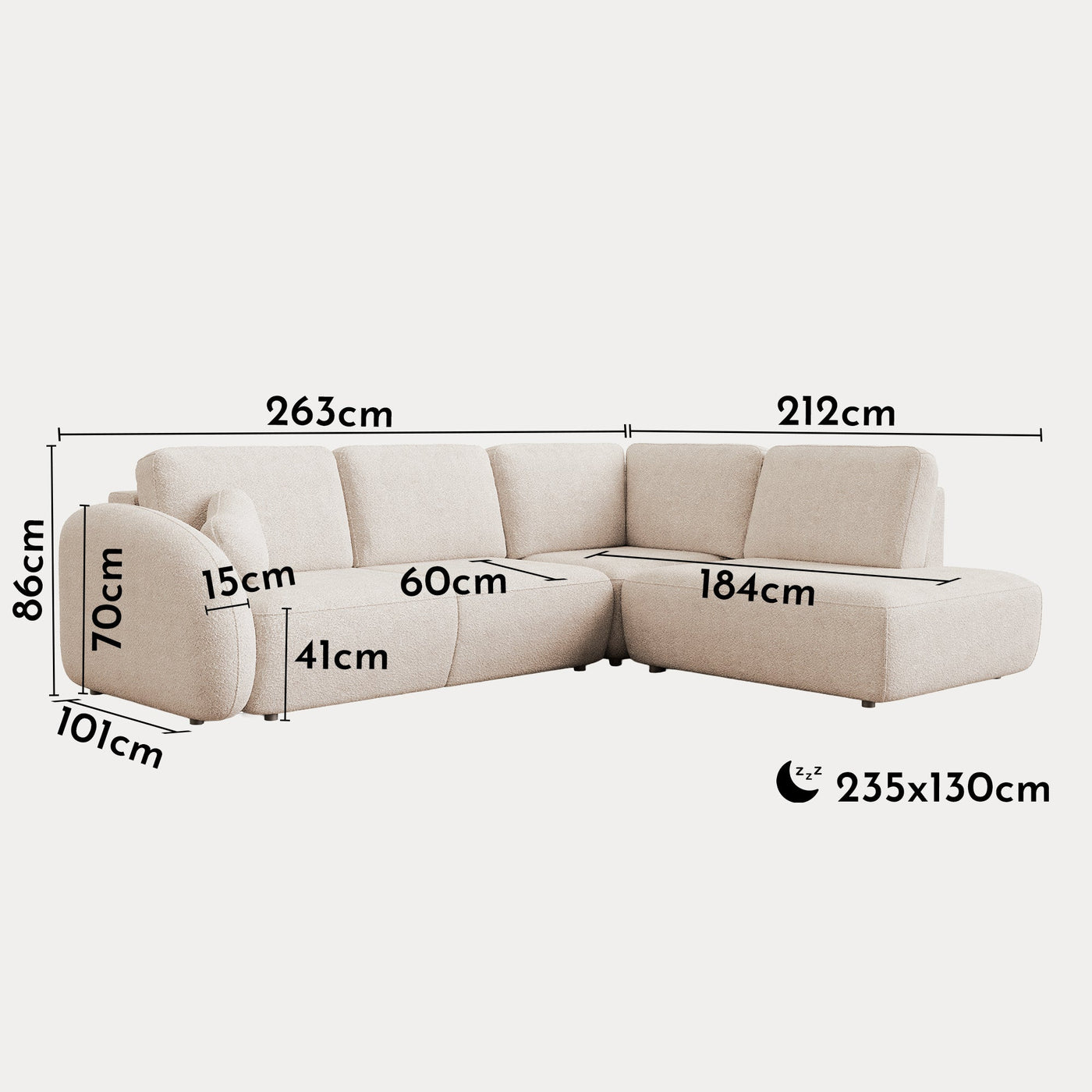 DJENA Canapé d'angle convertible avec coffre en tissu bouclette beige - Angle droit - Canapé d'angle convertible