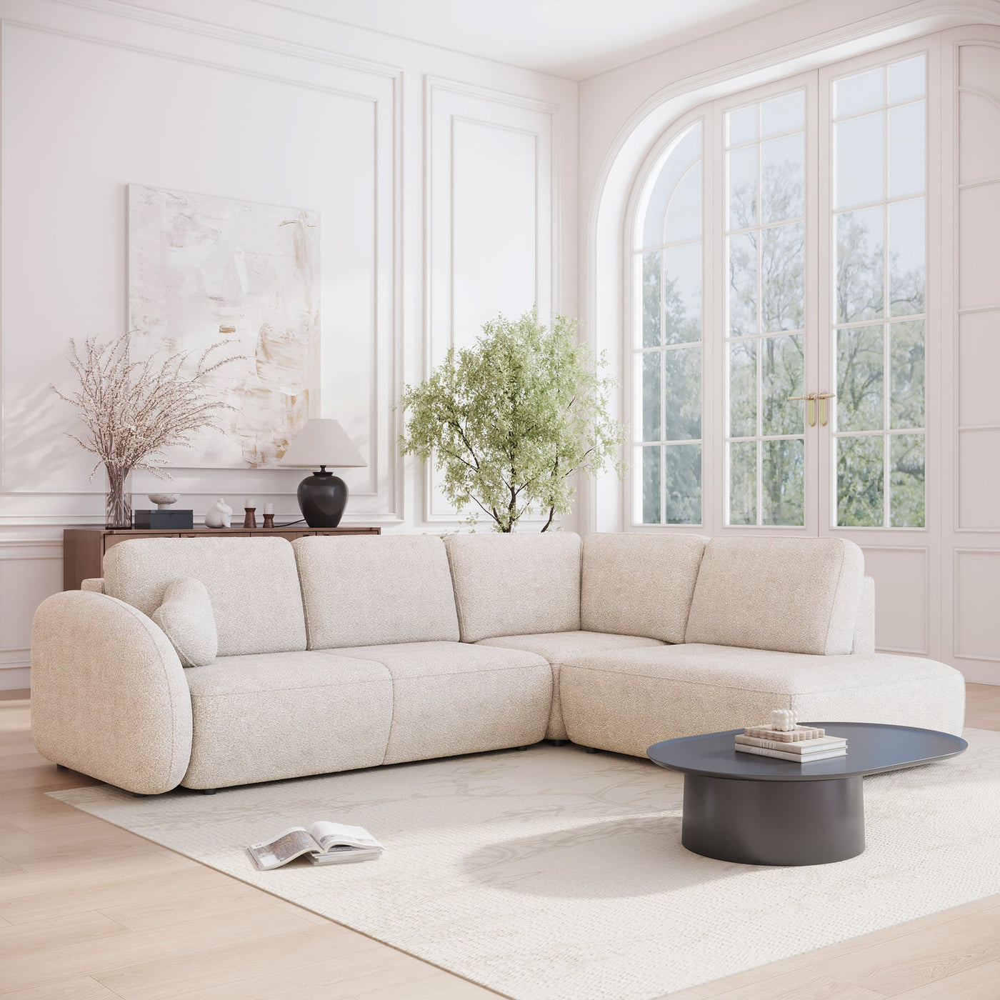 DJENA Canapé d'angle convertible avec coffre en tissu bouclette beige - Angle droit - Canapé d'angle convertible