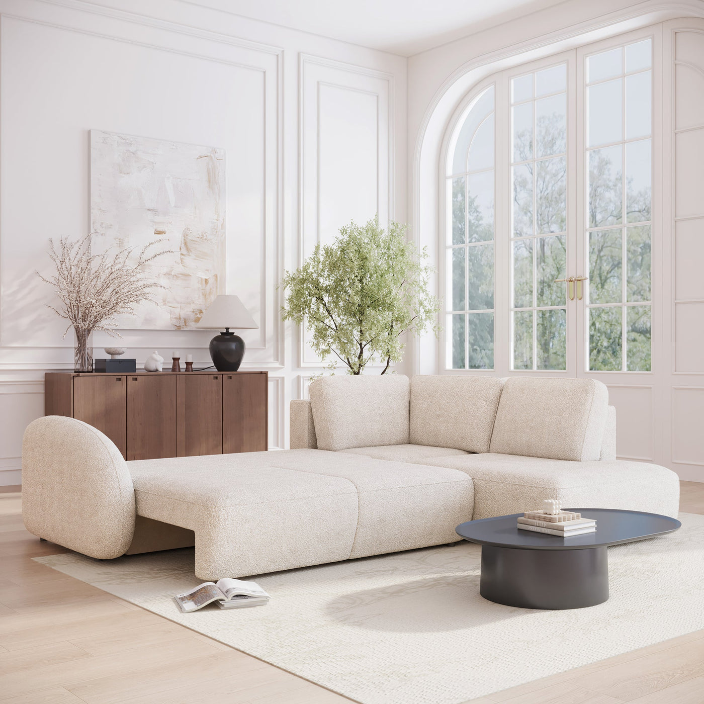 DJENA Canapé d'angle convertible avec coffre en tissu bouclette beige - Angle droit - Canapé d'angle convertible